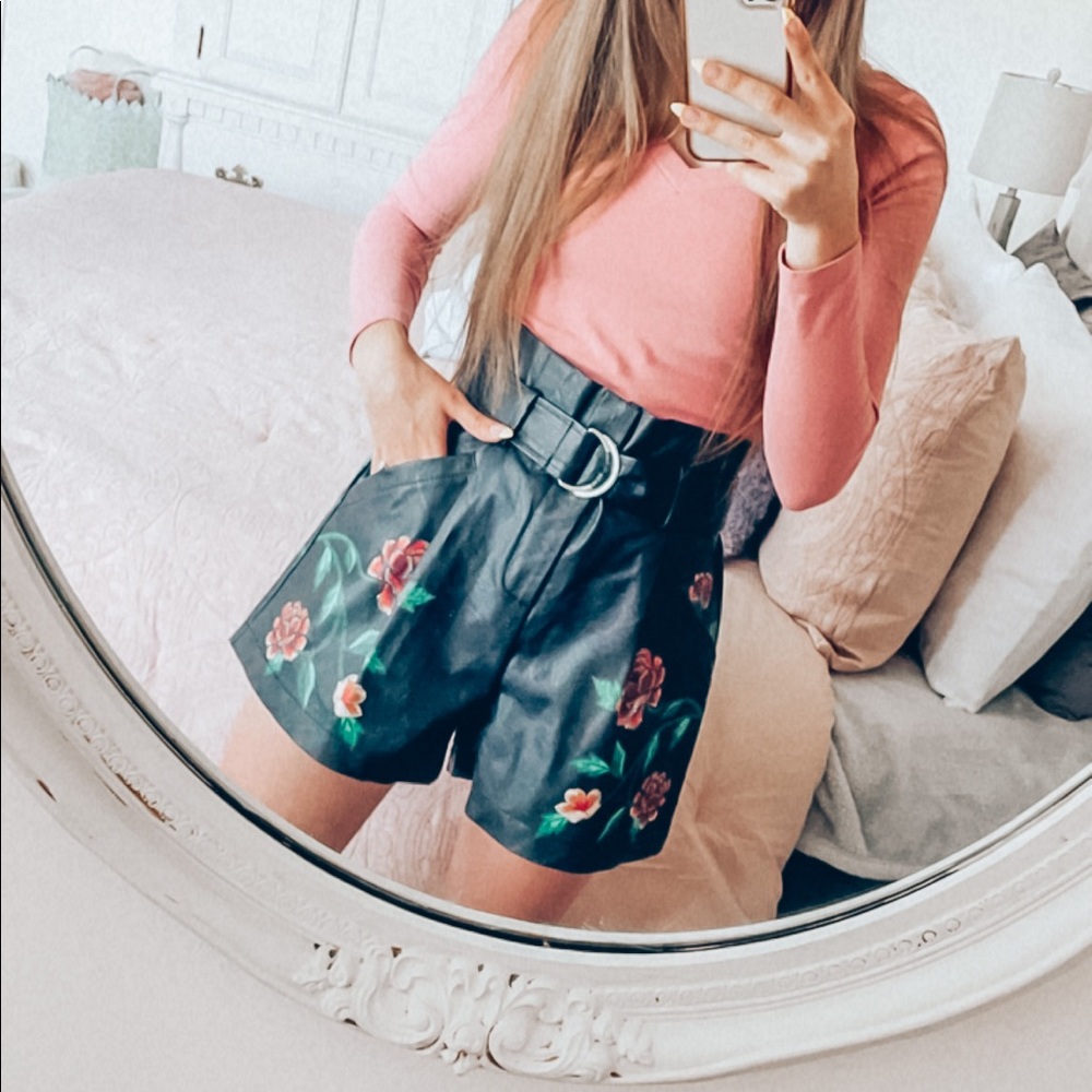 Black Faux Leather Floral Shorts